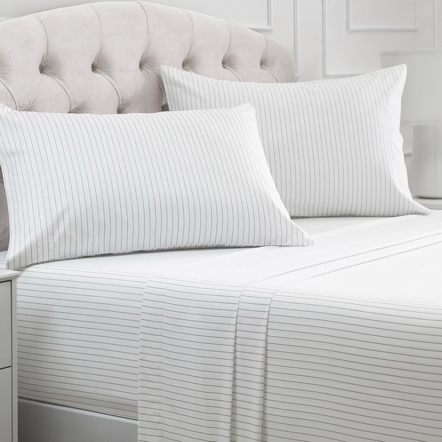 Mellanni Full Sheets Set - 4 PC Iconic Collection | Hotel Luxury, Extra Soft, Cooling Bed Sheets - Wrinkle, Fade, Stain Resistant (Full, Pinstripe Gray)