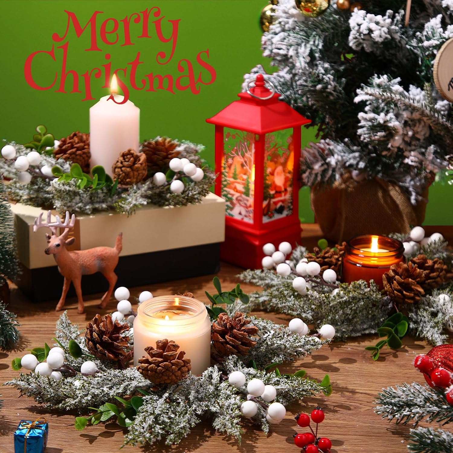 Vercraft 6-Piece Christmas Candle Rings - Snowy Pine Garland with White Berries & Pine Cones | Festive Home Decor