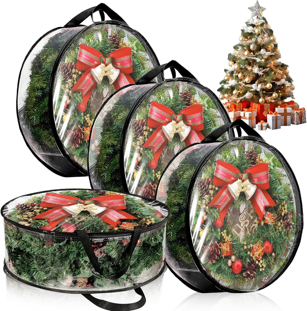 YAYODS Wreath Storage Bag - Heavy Duty 30 Inch Christmas Container with Clear Window | Black 4 Pack