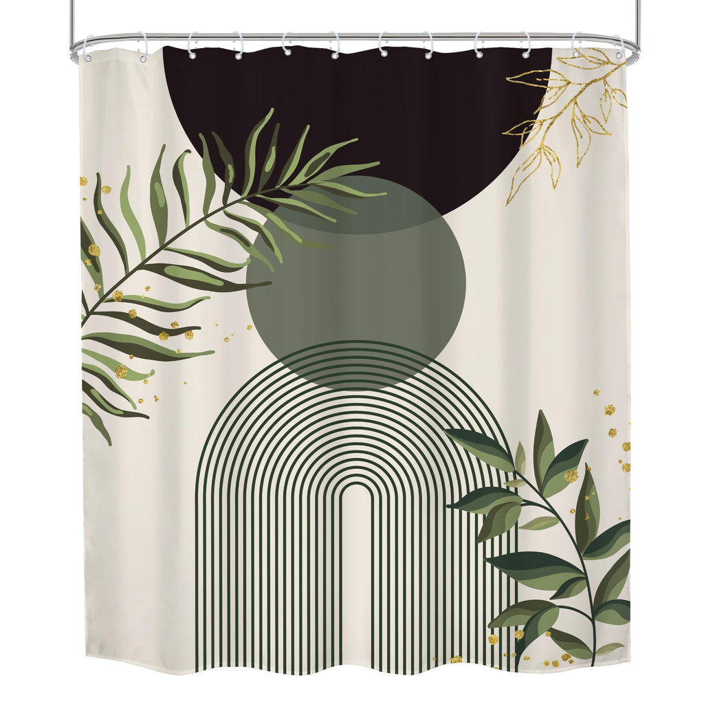 Mitpok Dark Green Boho Shower Curtain 60Wx72H Teal Green Modern Bohemian Mid Century Abstract Gold Leaves Plant Bathroom Decor Minimalist Geometric Neutral Bath Curtain Fabric Polyester 12 Pack Hooks