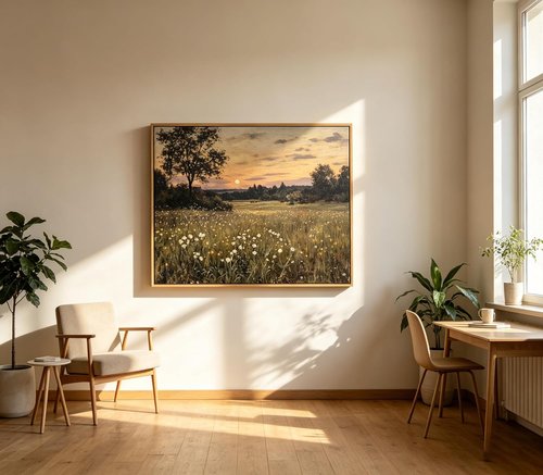 Framed Vintage Farmhouse Canvas Wall Art - Rustic Wildflower Field Landscape Painting 16x24