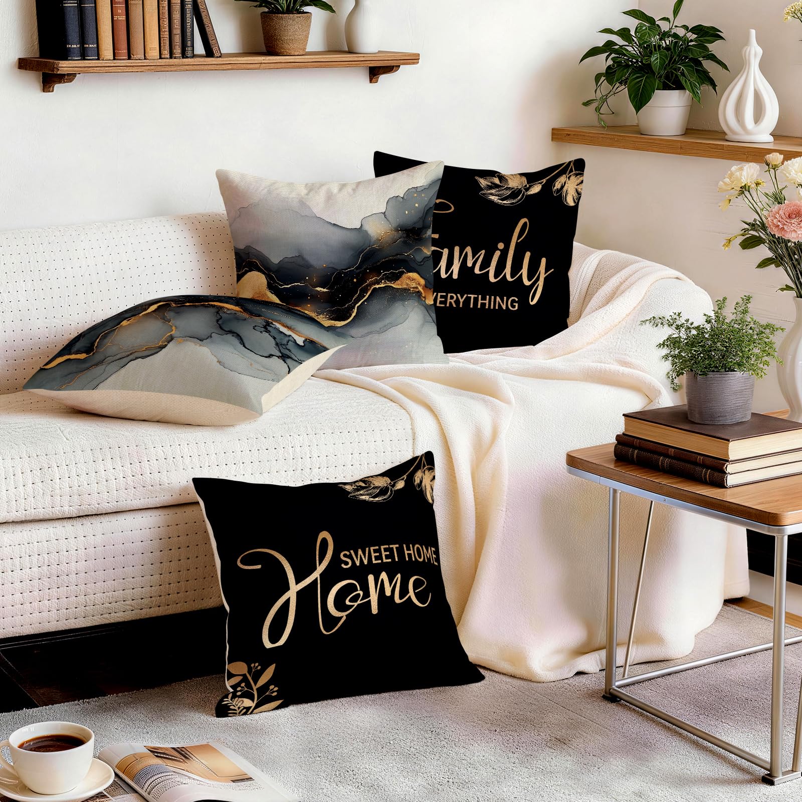 BEWQ Bless Home Black Gold Marble Throw Pillow Covers, 18X18 inch Set of 4 Square Modern Outdoor Pillow Cases Decorative Cushion Covers, for Home Couch Sofa Car Decor