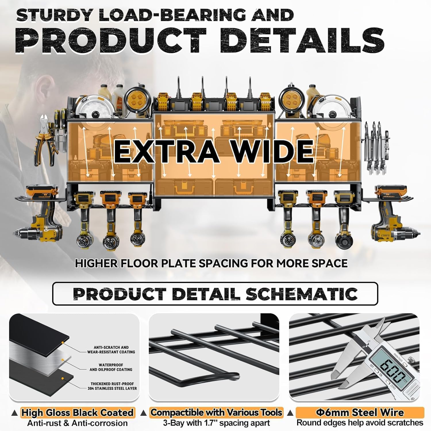 Upgrade Large Power Tool Organizer - Wall Mount with Charging Station & 10 Drill Holders for Garage