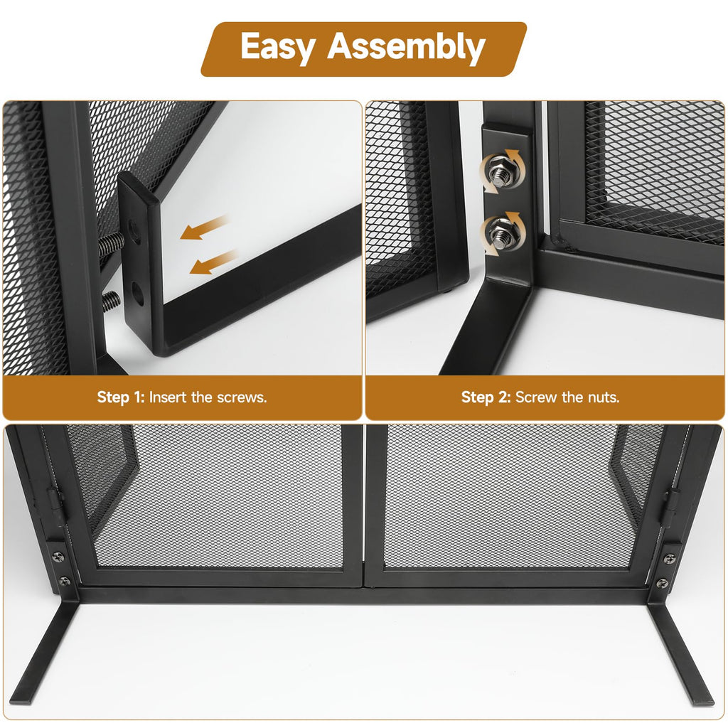 Nouetele Fireplace Screen with Doors, 3 Panel Fire Place Screens Stand Alone, Extra Large Heavy Duty Wrought Iron Spark Guard, Outdoor Metal Mesh Gate for Child Safety, Black 50" W x 32" H