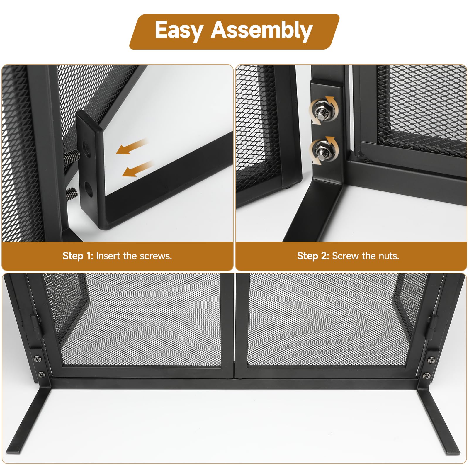 Nouetele Fireplace Screen with Doors, 3 Panel Fire Place Screens Stand Alone, Extra Large Heavy Duty Wrought Iron Spark Guard, Outdoor Metal Mesh Gate for Child Safety, Black 50" W x 32" H
