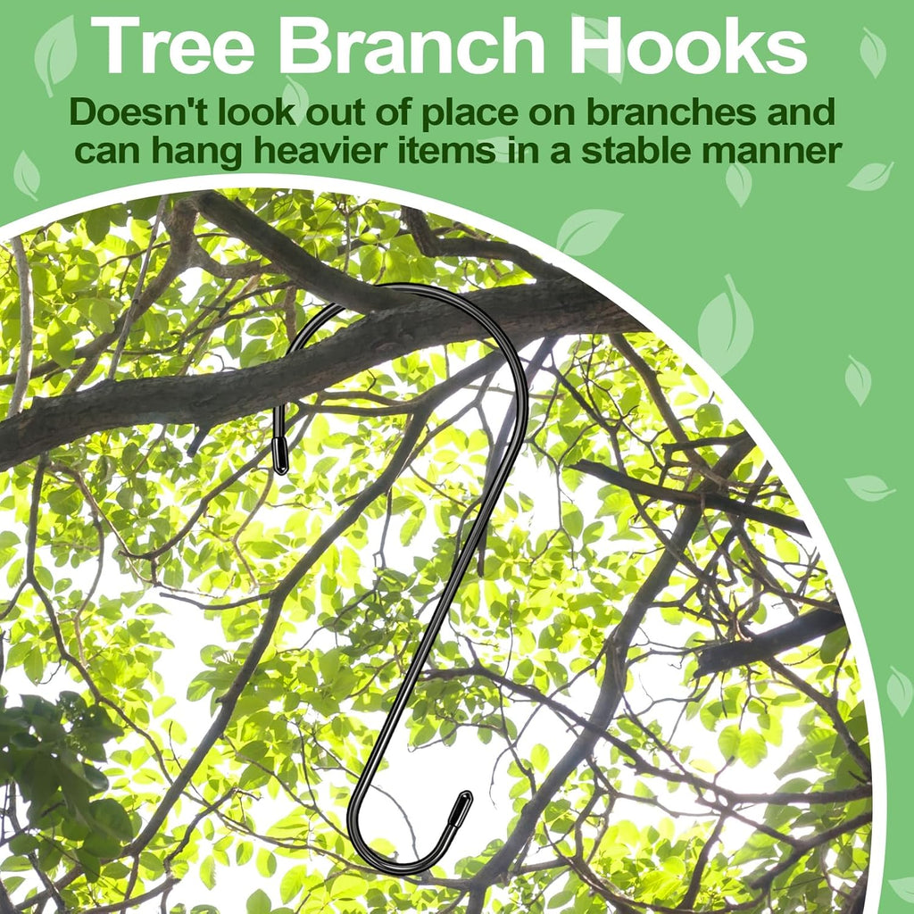 Skiennix Extra Large 14-Inch Tree Branch Hooks - Heavy Duty S Hooks for Bird Feeders & Hanging Plants | Black 4-Pack
