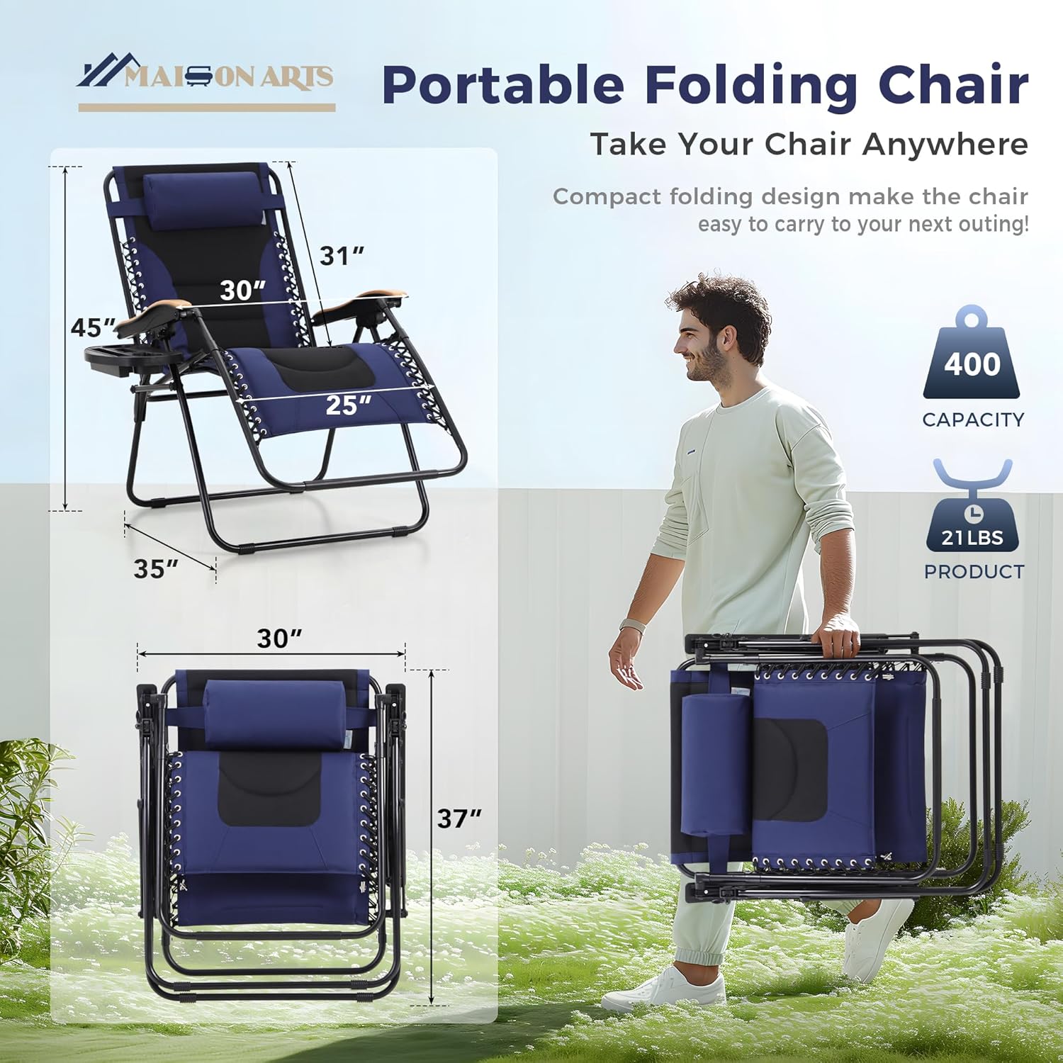 MAISON ARTS Oversized XXL Padded Zero Gravity Chair Set - Foldable Patio Recliner with Cup Holder & Pillow, Blue, Supports 400lbs