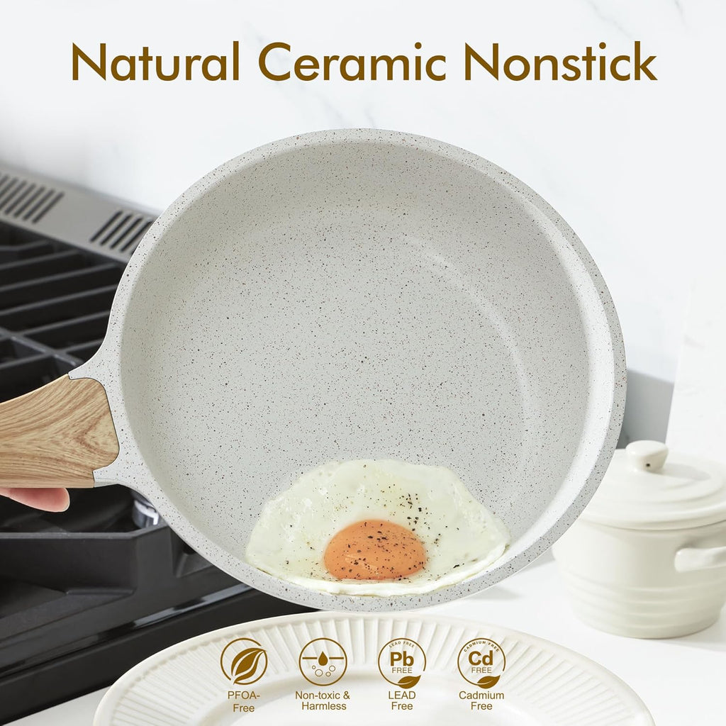 SENSARTE Nonstick Ceramic Frying Pan - 8-Inch Healthy Omelet Skillet, PFAS-Free, Induction Compatible, White (Set of 2)