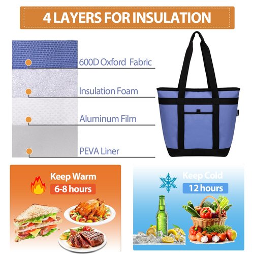 Insulated Cooler Bag, Reusable Grocery Bags for Hot/Cold Food, Thermal Food Delivery Bag for Beach, Travel, Picnics