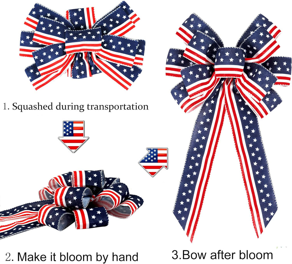 Patriotic 4th of July Decor Bow by [Brand Name] - Red, White & Blue Stripe Stars | Perfect for Wreaths & Tree Toppers