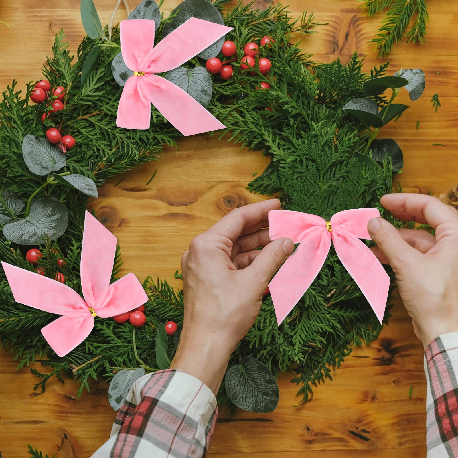 Tsorode 24 Pcs Pink Velvet Bows for Christmas Tree,Pink Bows Velvet Ornaments Christmas Tree Bow for Gift Wrapping Door Vintage Garland Wreath,Rustic Holiday Decor-1" Wide,3.5 x 3.5 Inch