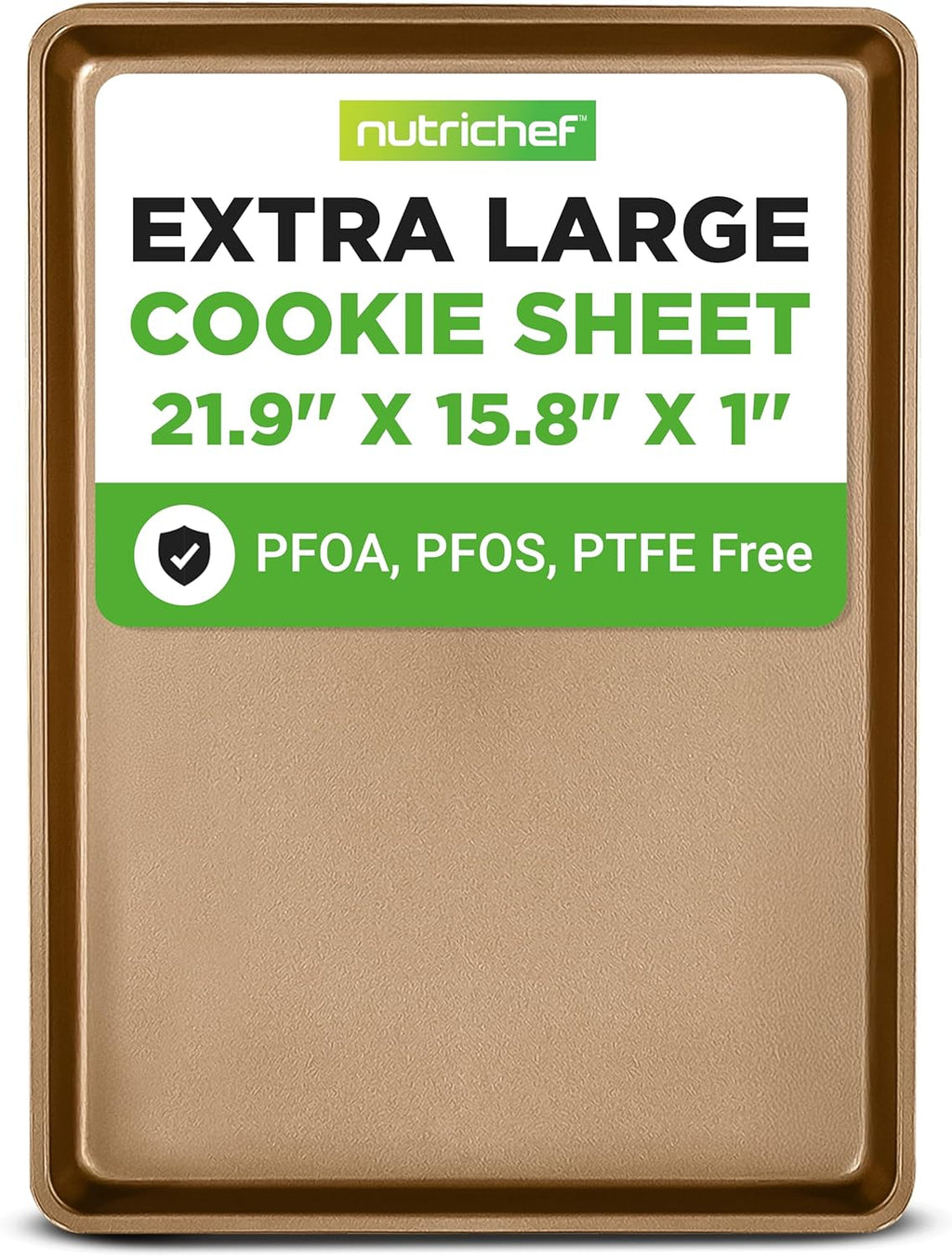 NutriChef Nonstick XL Cookie Sheet - Extra Large 22" x 16" Carbon Steel Baking Pan for Pastries & Desserts - Dishwasher Safe, Gold