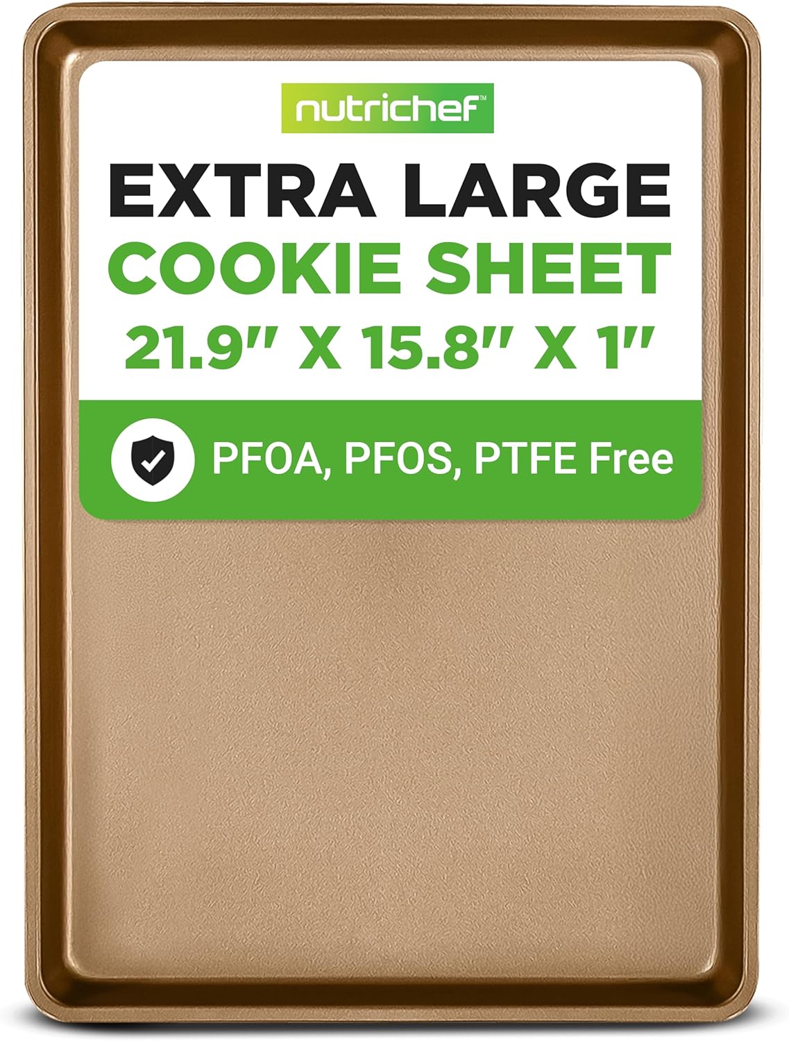 NutriChef Nonstick XL Cookie Sheet - Extra Large 22" x 16" Carbon Steel Baking Pan for Pastries & Desserts - Dishwasher Safe, Gold
