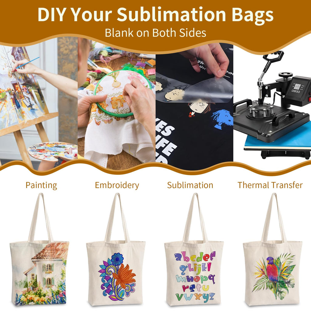 10 Pack Canvas Tote Bag with Zipper, OLSUNOR Reusable Grocery Bags with Long Handle, DIY Heat Transfer Sublimation Blanks Shopping Bags for Advertising, Birthday, New Year, Valentine's Day (Off-white)