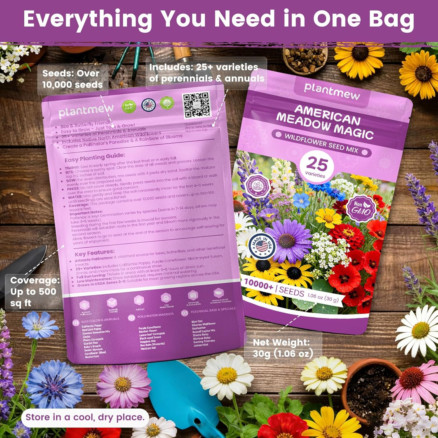 Wildflower Seeds Bulk Mix - 10,000+ Non-GMO Perennial & Annual Seeds for Hummingbirds | Texas, California & Florida Native Varieties