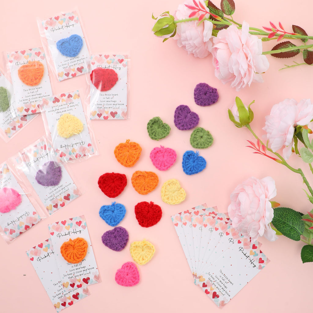Mindsoft 35 Sets Emotional Cheer Support Gift Bulk Cute Hand Crocheted Pocket Hug Heart Inspirational Cards and Bags Party Favor for Preschool Toddler Boy Girls