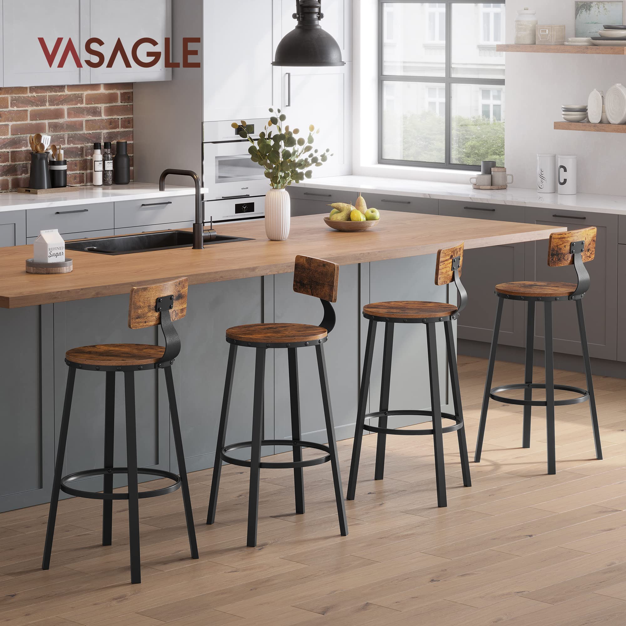 VASAGLE Bar Stools Set of 2, Bar Height Stools, 28.9 Inches Counter Barstools Chairs with Back for Dining Kitchen Island, Steel Frame, Industrial Style, Easy Assembly, Rustic Brown and Ink Black