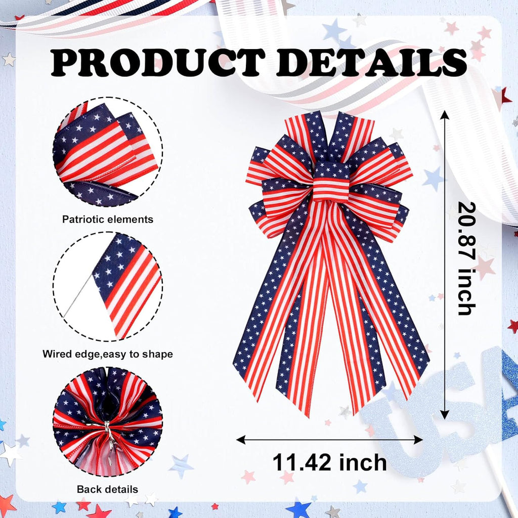 Patriotic Classic Large Red White Blue Bow - 20.87" Wired Edge Pre-Made Flag Bow for Wreaths & Doors