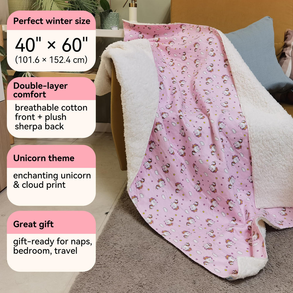 Kids Sherpa Throw Blanket – Soft Cotton & Warm Sherpa Toddler Blanket, Pink Unicorn & Clouds Pattern, Plush Winter Bed Throw, 40 x 60 inches