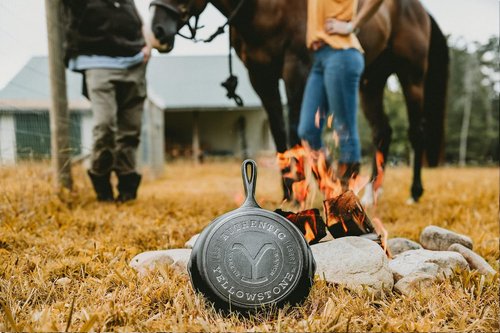 Lodge Pre-Seasoned Cast Iron Skillet - Yellowstone Stamped Design with Teardrop Handle - 10.25 Inch