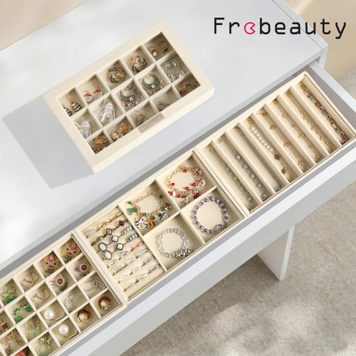 Frebeauty Stackable Jewelry Trays,Velvet Jewelry Organizer for Drawer,5-in-1 Jewelry Storage Box with Lid,Vanity Jewelry Display for Earrings Necklaces Rings,10.5 x 6.5 x 5.55 Inches,Gift for Women