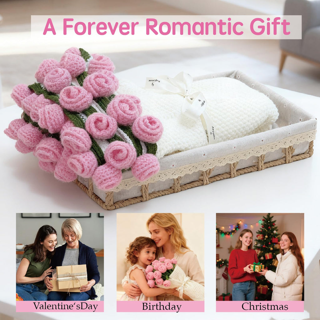SoffMoiis 47-Inch Round Crochet Rose Flower Bouquet Blanket for Bed & Couch, Romantic Gift for Daughter Birthday, Valentine, Christmas,Mother's Day (Pink)