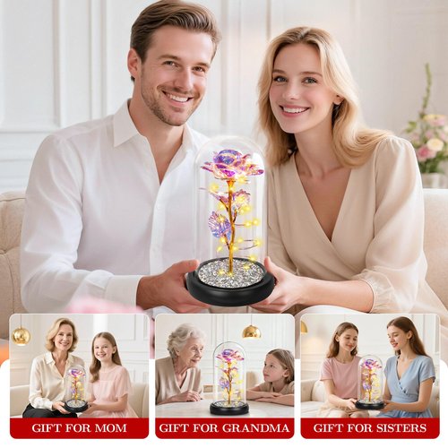 Valentines Day Rose Gifts for Her,Birthday Gifts for Women,Crystal Light Up Rose in A Glass Dome with Sparkling Base,Colorful Flowers Mothers Day Rose Gifts for Mom Wife Grandma Anniversary Christmas