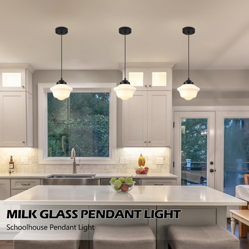 AyshwillDec Black Schoolhouse Light Fixture 8" Milk Glass Pendant Light Schoolhouse Pendant Light Milk Glass Light Fixture Mid Century Pendant Light for Bedroom Bathroom Kitchen Hallway (Bulb Incl.)