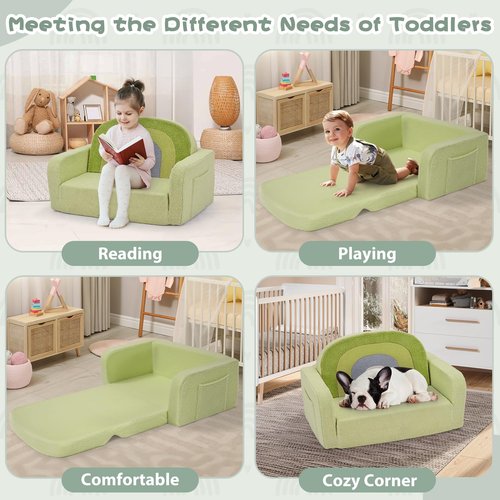 Foryoomi Extra Wide Kids Couch, 2-in-1 Soft Toddler Couch with Blanket, Comfy Toddler Chair, Convertible Sofa with Cute Colorful Rainbow Design, Green