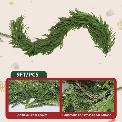 9ft Artificial Norfolk Pine Garlands, Real Touch Winter Pine Garland, Green Artificial Greenery Garland, Winter Decorations for Home for Table, Mantle, Wall