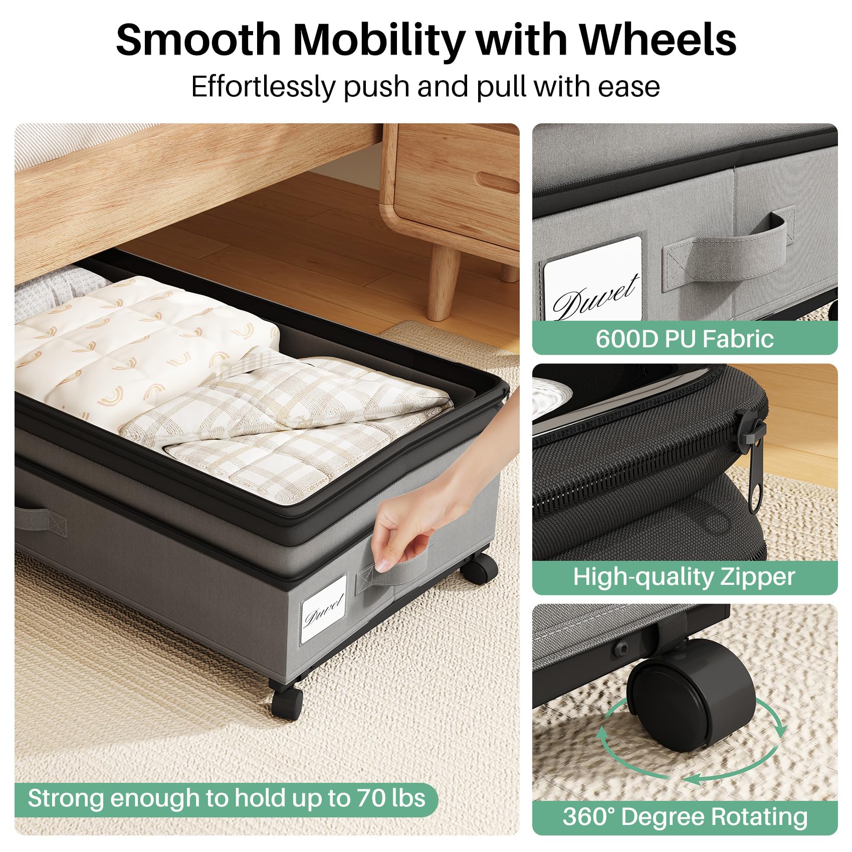 Kitstorack Under Bed Storage with Wheels 2Pack Height-adjustable Under Bed Storage Containers,Under Bed Shoe Storage Organizer with Clear Window&Label, Suitable for Clothes Storage, Gray