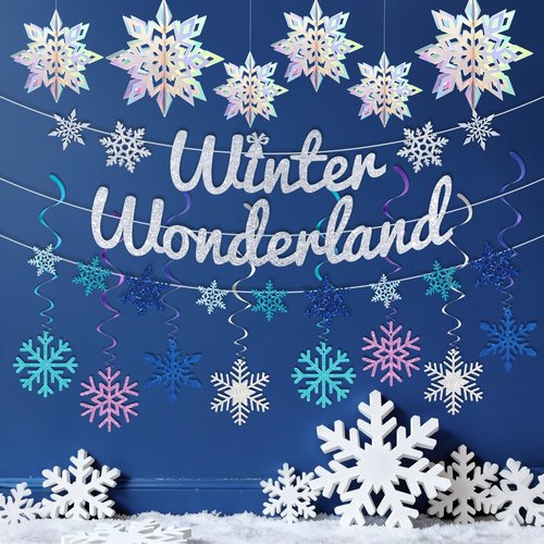 Winter Wonderland Banners, Glittery Snowflakes Hanging Swirls, 3D Laser Paper Snow Flakes for Winter Wonderland Frozen Party Decorations, Christmas Party Decoration, Birthday Home Decor.
