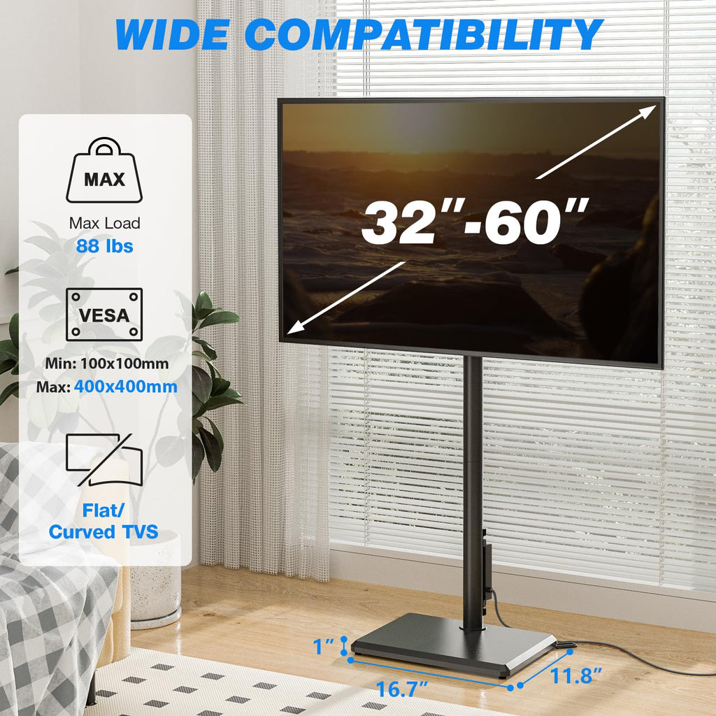 Rfiver Swivel Floor TV Stand with Power Outlet for 32-60 inch TVs, Height Adjustable Tall TV Stand with Wood Base, Hold Up to 88lbs, Saving Space Design for Bedroom, Living Room and Corner