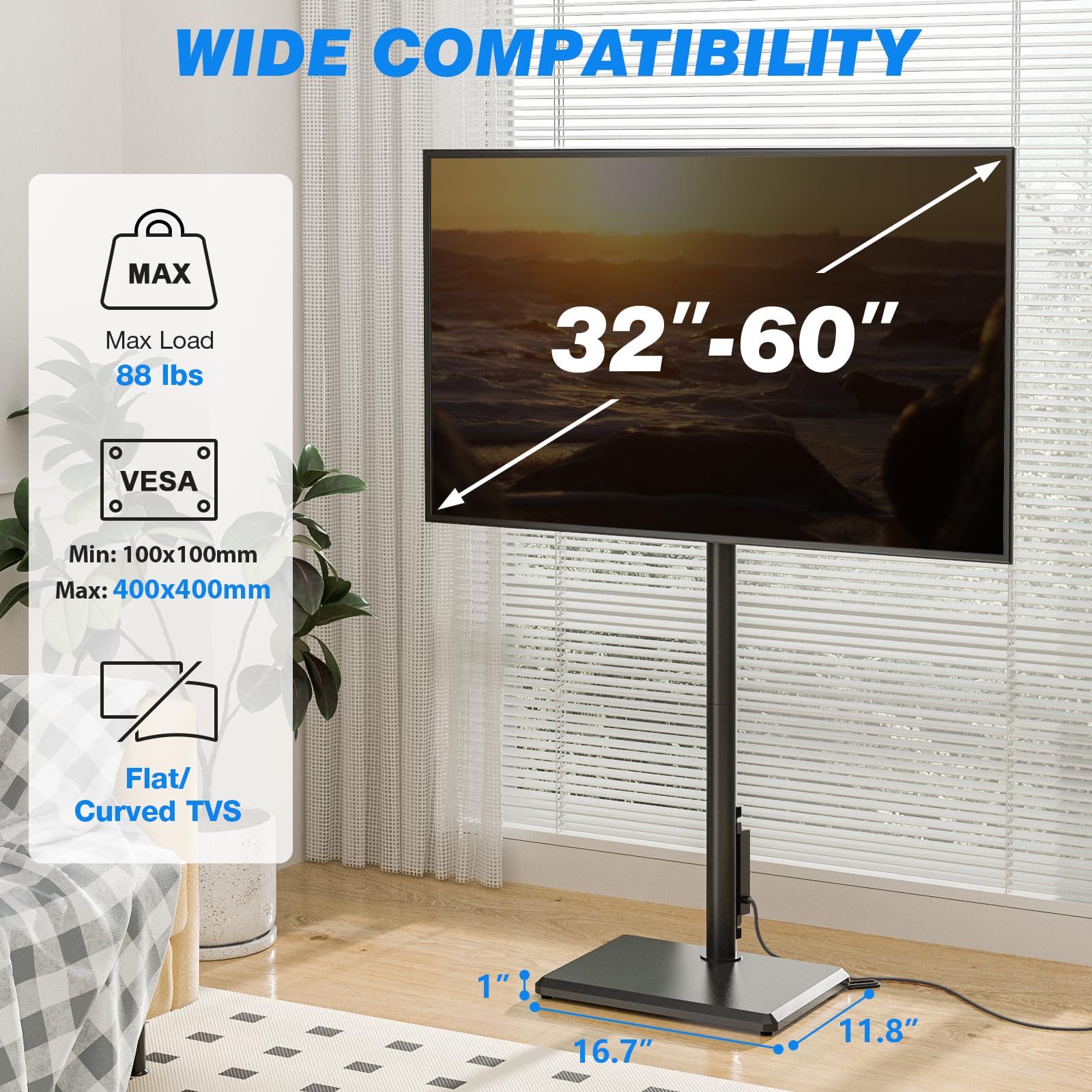 Rfiver Swivel Floor TV Stand with Power Outlet for 32-60 inch TVs, Height Adjustable Tall TV Stand with Wood Base, Hold Up to 88lbs, Saving Space Design for Bedroom, Living Room and Corner