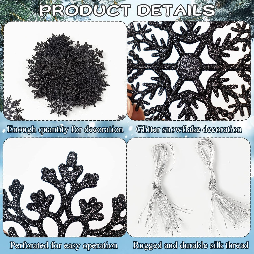 Skiennix 36-Piece Black Christmas Snowflake Ornaments - Glittery Plastic Decor for Holiday Trees & Parties