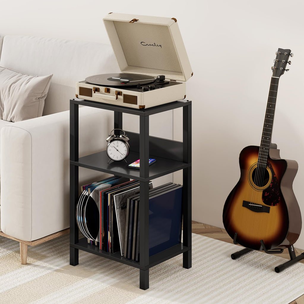 TUTOTAK Record Player Stand with Storage Up to 100 Albums,Record Storage Table,3 Tier End Table,Side Table for Living Room, Bedroom, Black TB01BK075