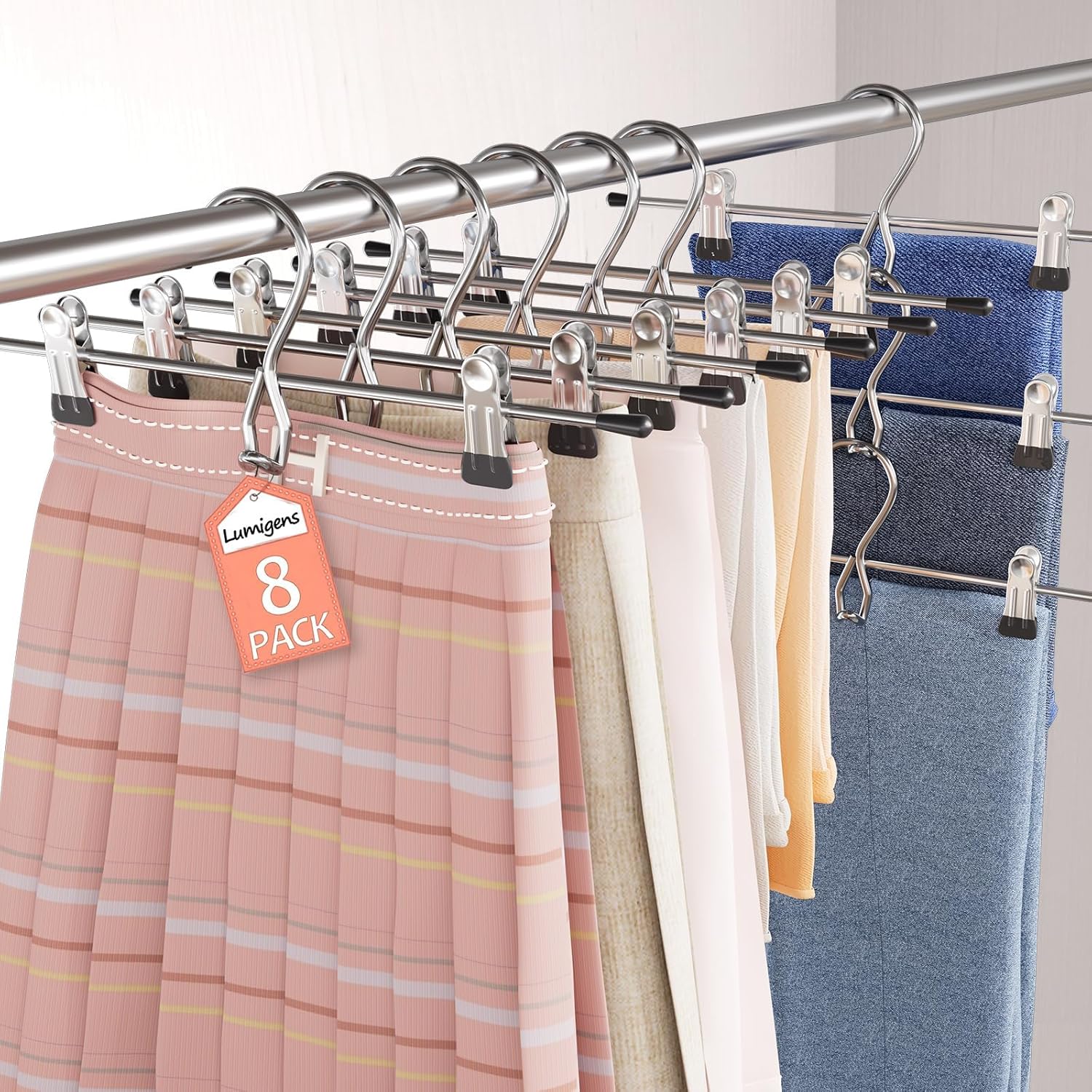 Skiennix Space-Saving Pants Hangers - Stackable Skirt Hangers with Clips | 8-Pack Closet Organizer