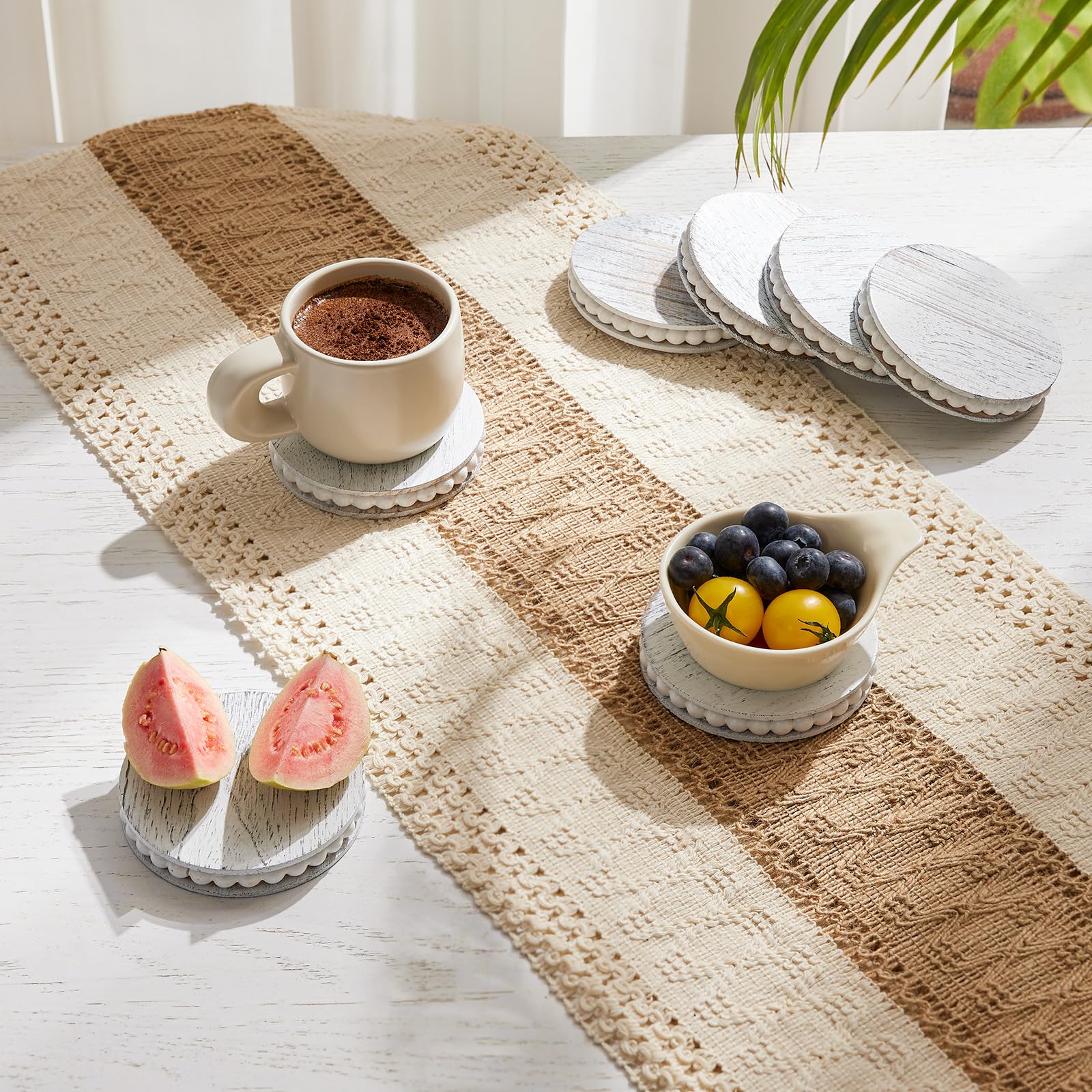 Set of 6 Wooden Coasters for Drinks-Farmhouse Wooden Bead Coasters with Holder for Coffee Table Decor