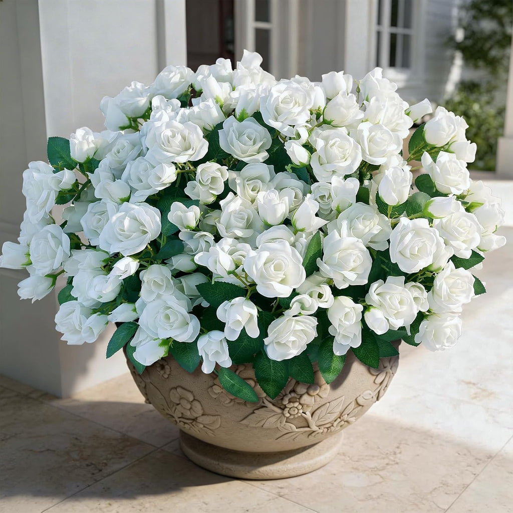 Skiennix Artificial Roses - Realistic Silk Bouquets for Outdoor Decor | UV Resistant White Flowers (8 Bundles)