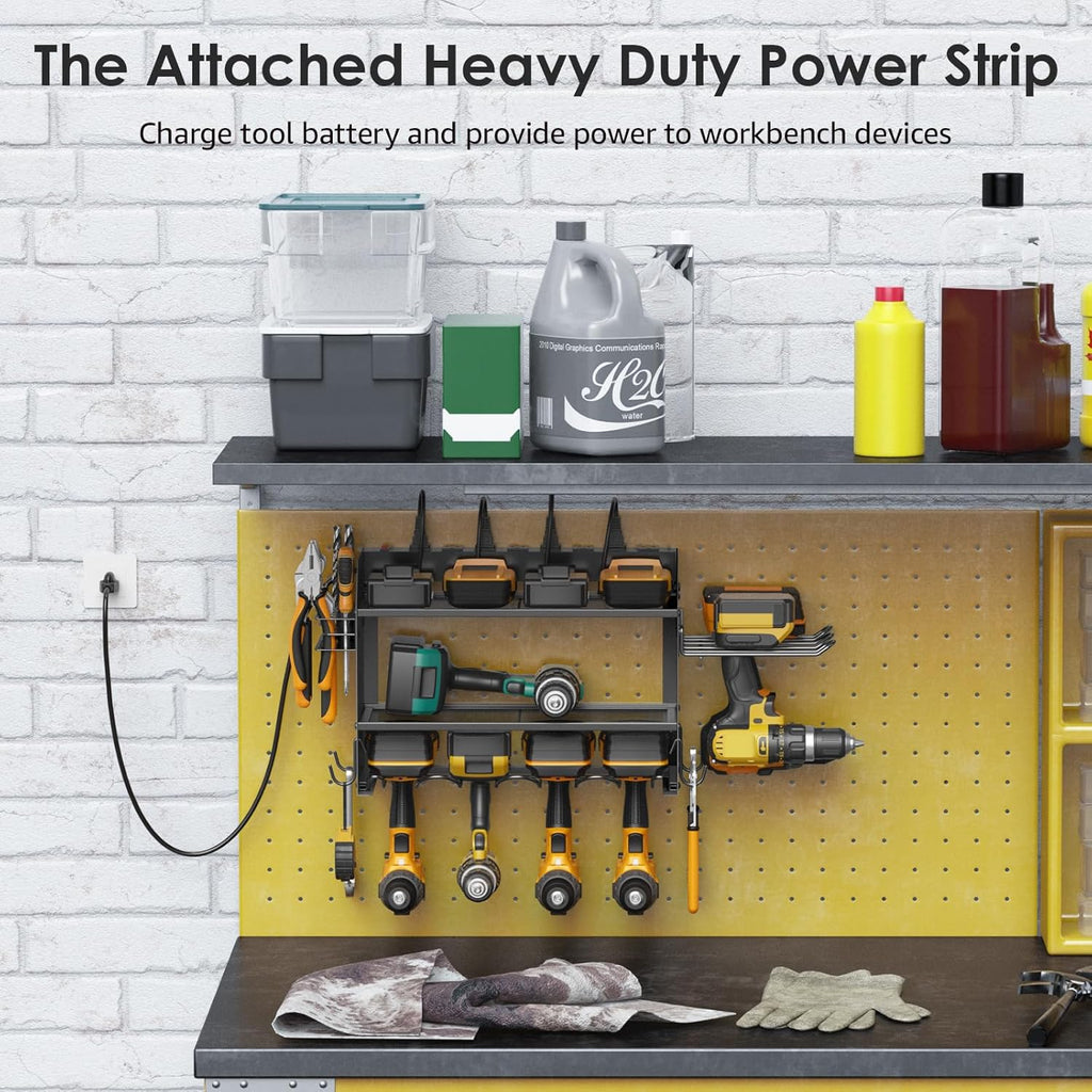 CCCEI Modular Power Tool Organizer - Wall Mount Charging Station with 8 Plug Power Strip | Heavy Duty Black Metal Shelf for 6 Drills & Utility Storage
