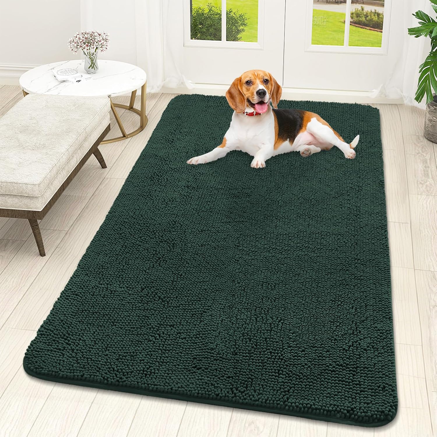 OLANLY Dog Door Mat - Absorbent Non-Slip Washable Chenille Mat for Muddy Paws | 59x32, Blackish Green
