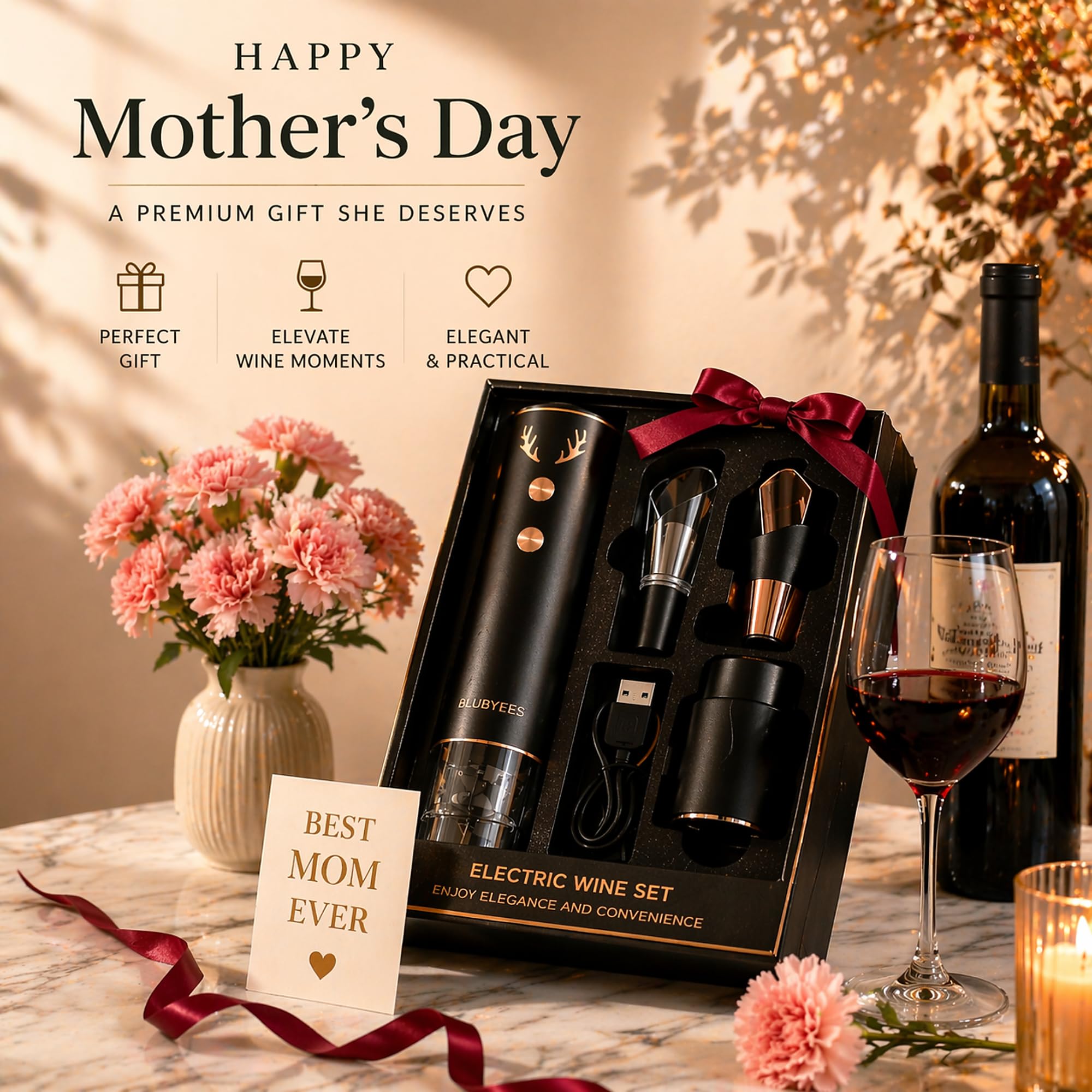 BLUBYEES 4-in-1 Rechargeable Electric Wine Opener Set - Automatic Corkscrew, Foil Cutter, Aerator Pourer, Vacuum Stopper - Wine Lovers Gifts for Women and Men