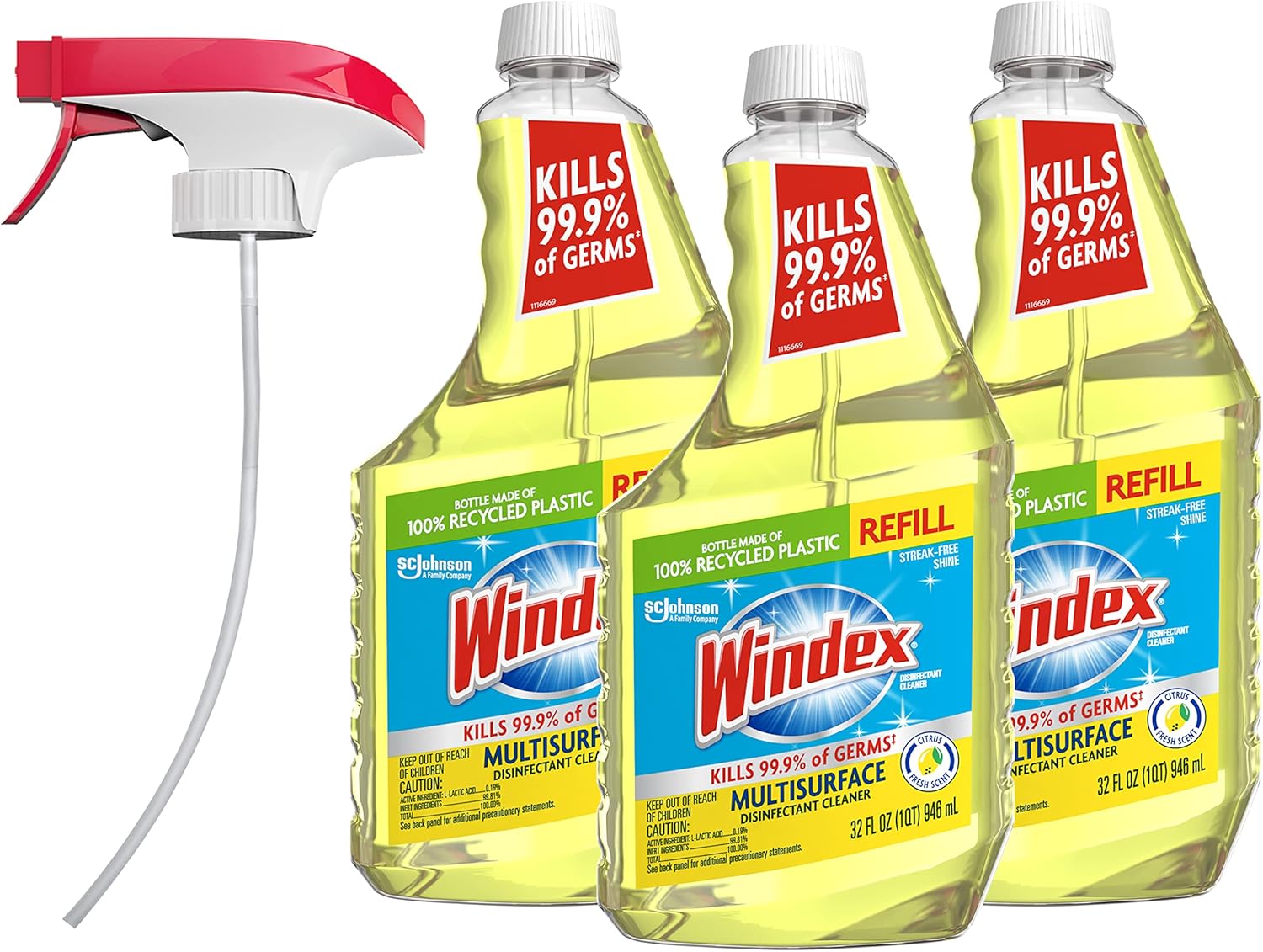 Windex Multipurpose Disinfectant Cleaner Spray - Citrus Fresh Scent, 32 Fl Oz | Eco-Friendly Reusable Trigger (Pack of 3)