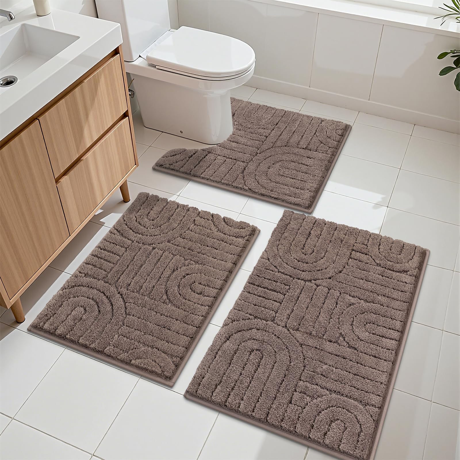 Vaukki Bathroom Rugs Sets 3 Piece, Brown Washable Non Slip Soft Bath Mats for Shower and Tub, Plush Absorbent Microfiber Toilet Rug U Shaped, 32x20+26x18+24x20 Inch