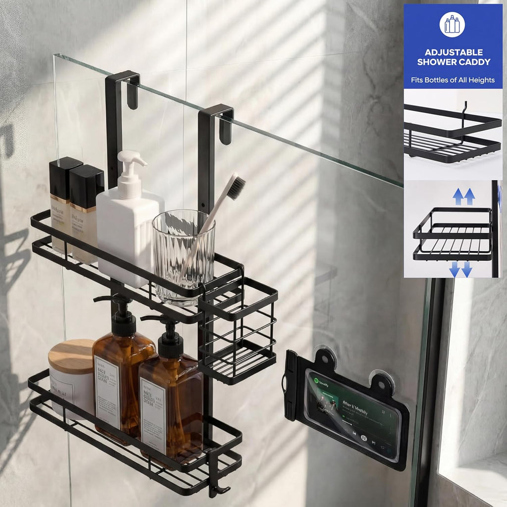 Skiennix Over The Door Shower Caddy - Rustproof 2-Tier Bathroom Organizer with Waterproof Phone Pouch - Black