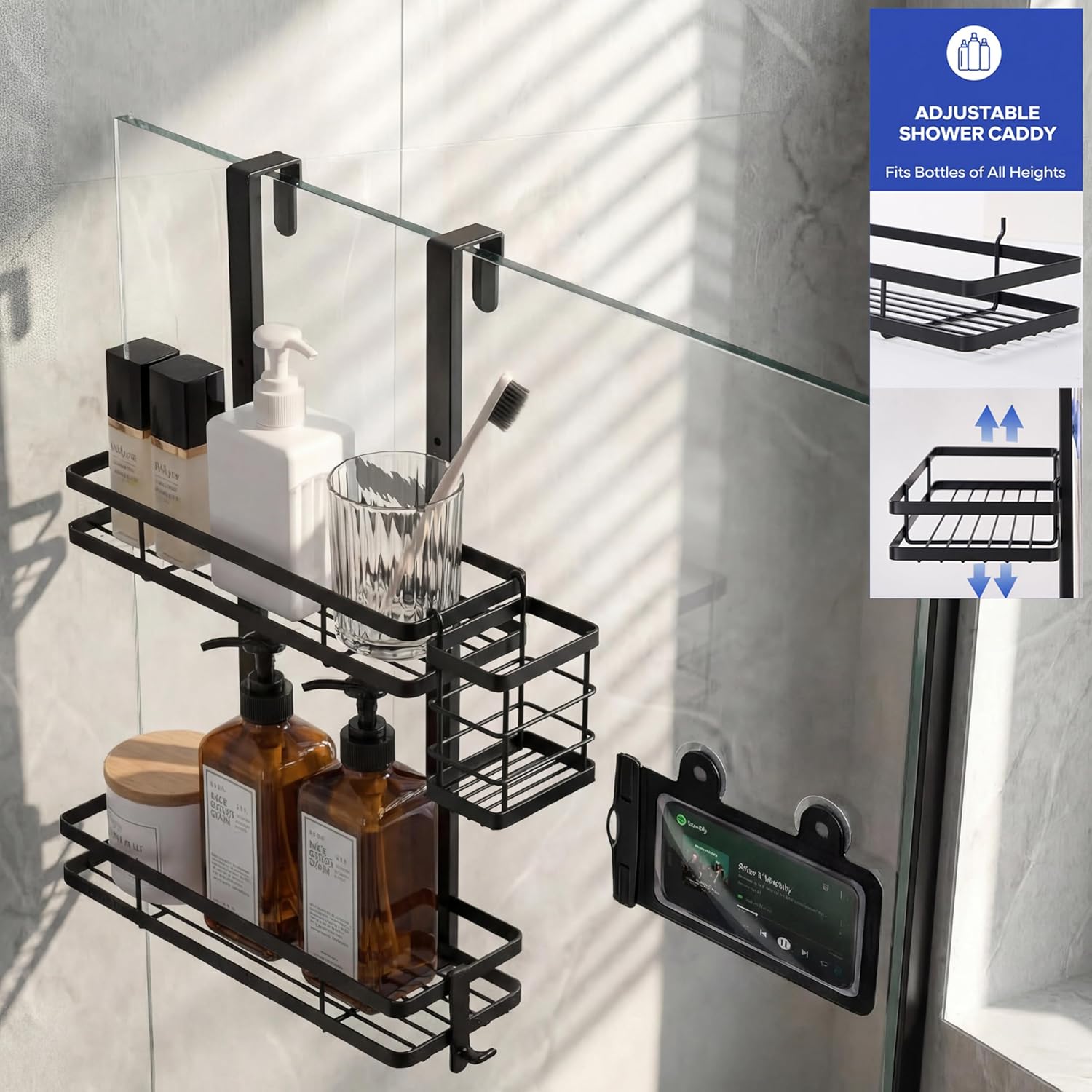 Skiennix Over The Door Shower Caddy - Rustproof 2-Tier Bathroom Organizer with Waterproof Phone Pouch - Black