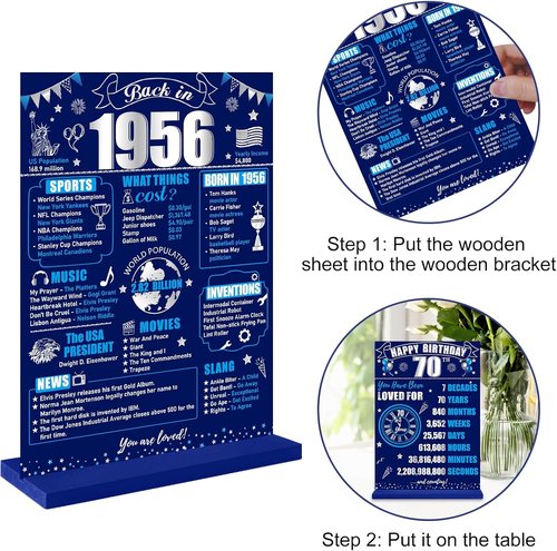 Back in 1956 70th Birthday Decorations - Two-Sided Wooden Table Sign with Stand | Blue & Silver Display