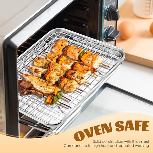 E-far Stainless Steel Baking Sheet Set - 10.5”x8.3” Cookie Sheet Pan with Wire Rack & Silicone Mat