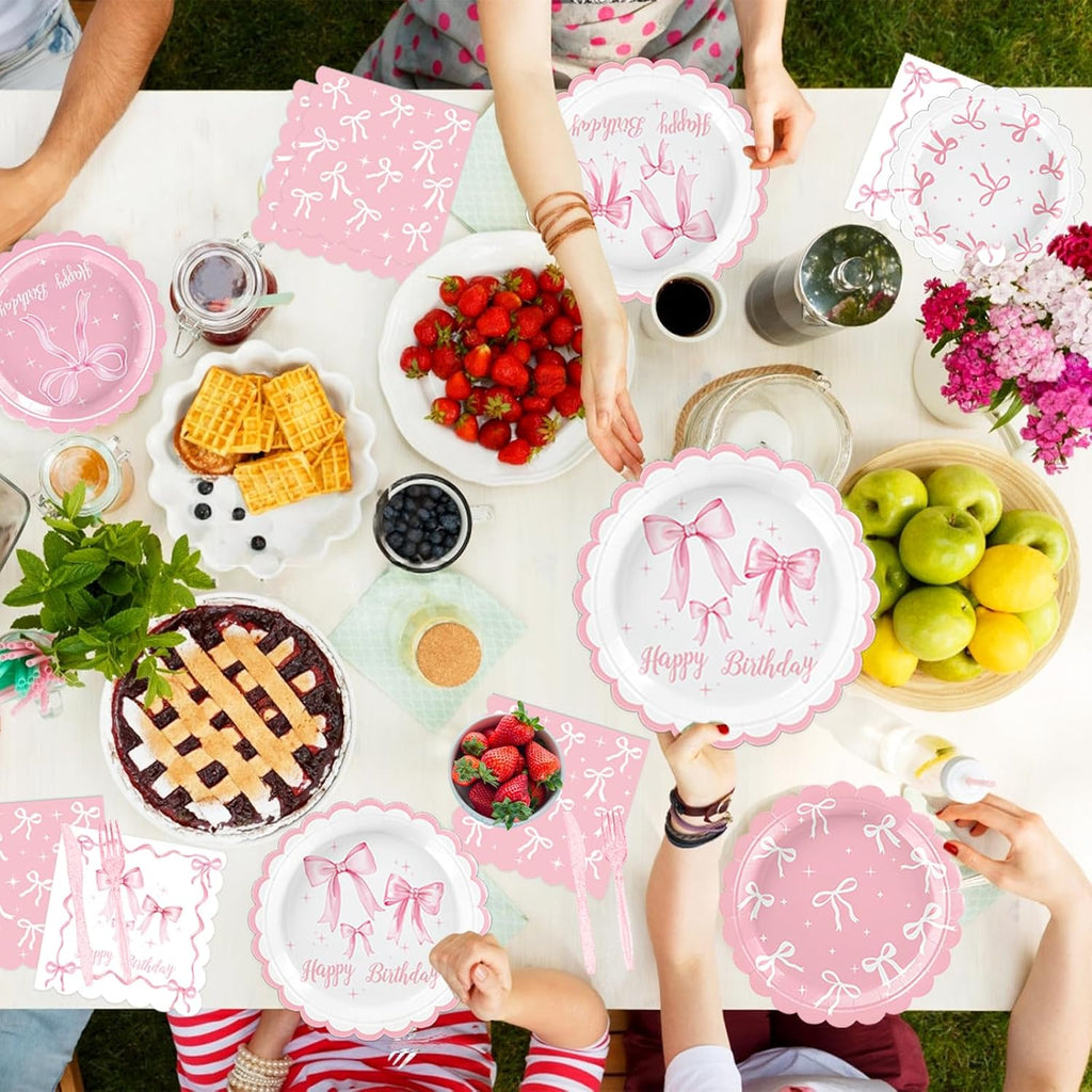 Pink Bow Birthday Decorations - Complete Party Set with Plates, Napkins, Cups & Balloons | Serves 20