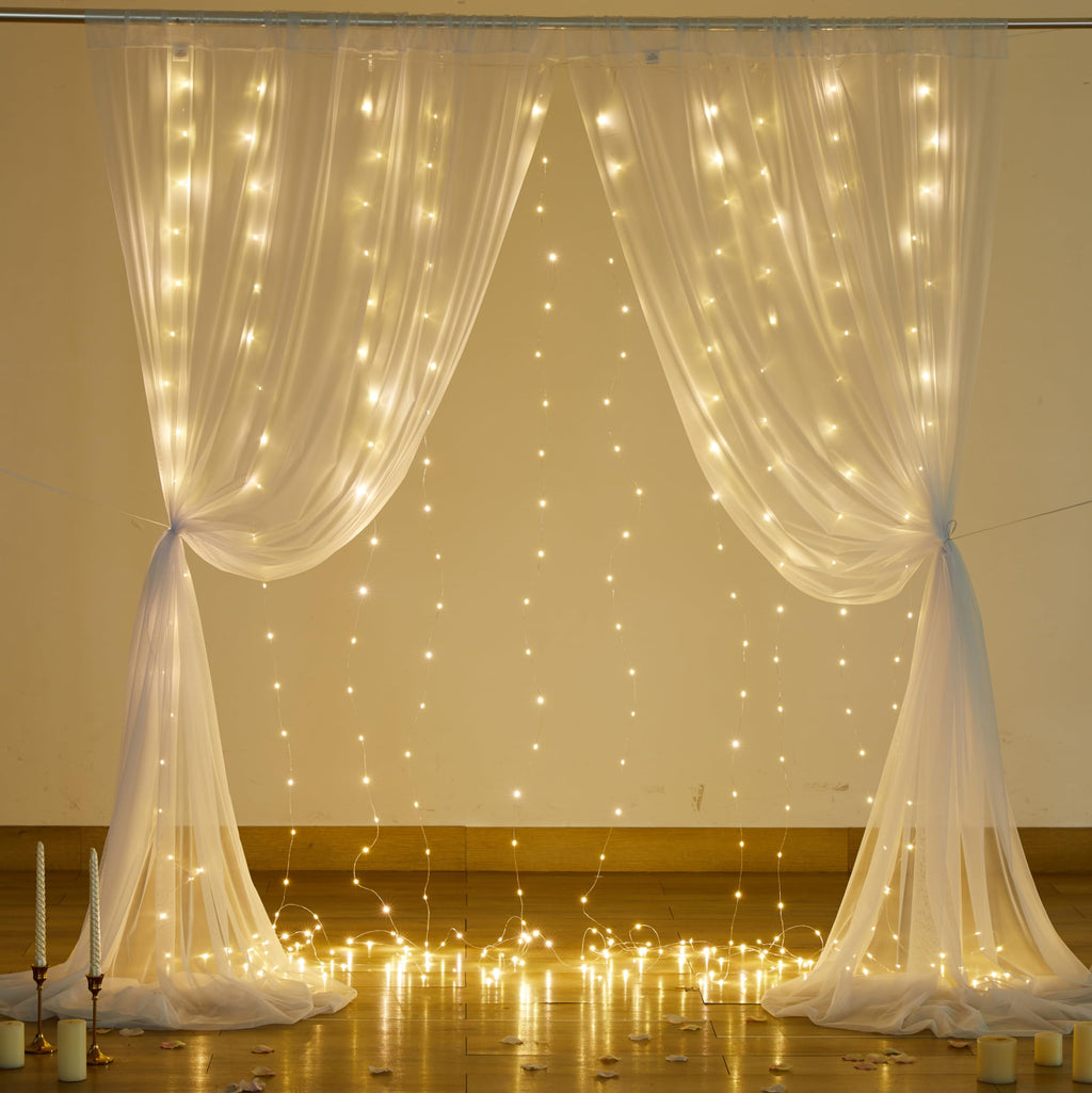 10FT x 7FT White Sheer Curtains with Lights String Tulle Curtain for Living Room Bedroom Parites Wedding Birthday Decorations 2 Panels 60" Wｘ84 L